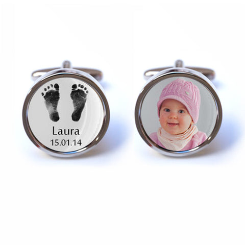 Baby Footprint Cufflinks with Personalised Name, Date and Photo